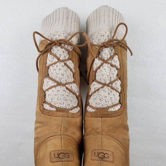 Ugg Skylair Knit Wedge Tall Boot Womens 9 Brown Leather Lace Up Side Zip Lined - Picture 13 of 16